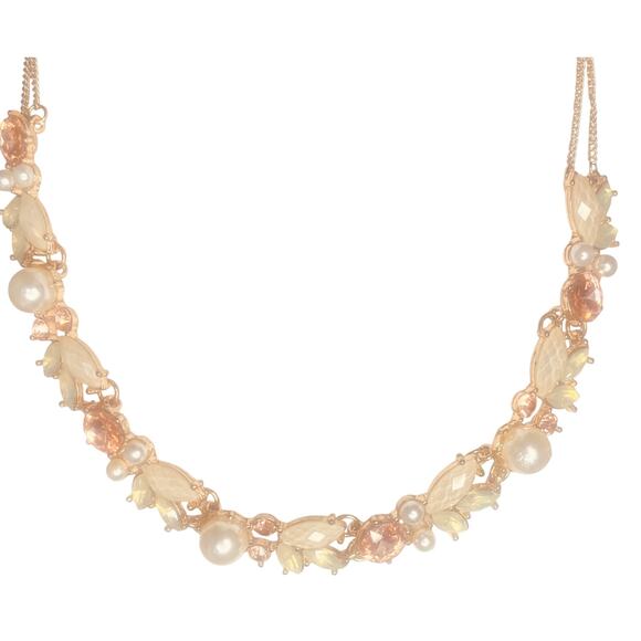 Statement Necklace Faux Pearls, Peach and White Crystals 16” w/ 4” ext - Picture 4 of 6